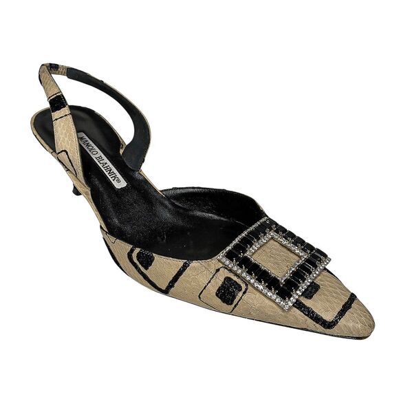 Manolo Blahnik Slingback Snakeskin Heels Black Crystal Buckle Beige Print 39.5 - Picture 1 of 13